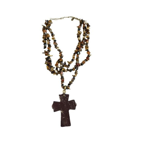 You&I Tiered Brown Tigers Eye Stone Beaded Cross Pendant Necklace - Picture 2 of 4